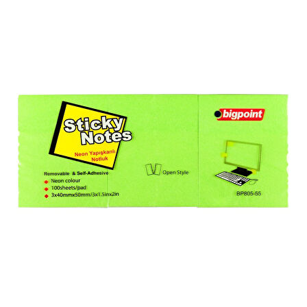 Bigpoint Yapışkanlı Not Kağıdı 3'lü 40x50mm Neon Yeşil
