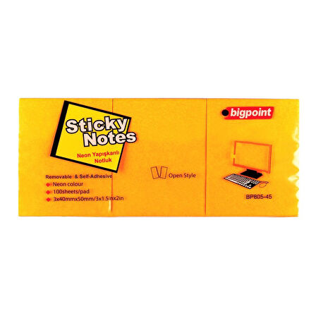 Bigpoint Yapışkanlı Not Kağıdı 3'lü 40x50mm Neon Turuncu