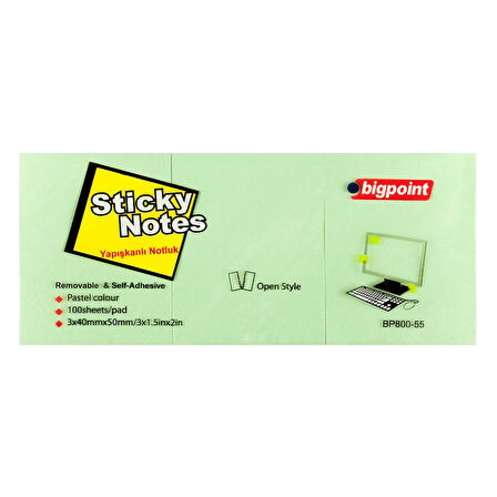 Bigpoint Yapışkanlı Not Kağıdı 3'lü 40x50mm Yeşil