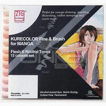Zig Kurecolor Fine & Brush for Manga 12li Set Neutral Tones