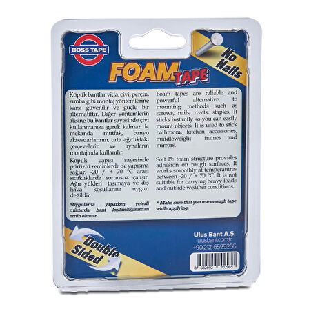 BOSS TAPE 2985 ÇİFT TARAFLI KÖPÜK BANT 19mmx2m (ÇOK KUVVETLİ 15kg)