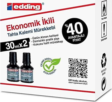 EDDİNG BT 30 TAHTA KALEM MÜREKKEBİ SİYAH 30ml 2Lİ