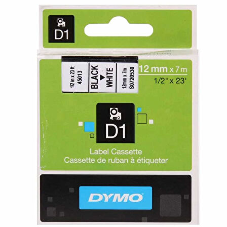 DYMO 45013 Beyaz/Siyah D1 Yedek Şerit (12 mm x 7 mt)