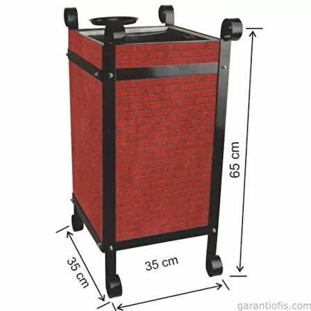 Garanti Metal 2107 Tuğla Dekorlu Kül Tablalı Kare Ahşap Bahçe Tipi Çöp Kovası (45 Litre)