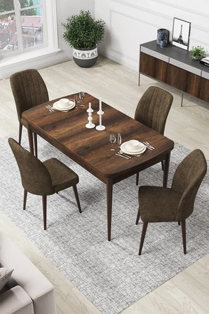 Par Serisi 70x114, Açılabilir Mdf Mutfak Masası Barok Ahşap Desen Masa Ve 4 Kahve Sandalye Takımı