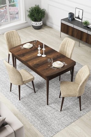 Par Serisi 70x114 Açılabilir Mdf Mutfak Masası Takımı Barok Desen Masa 4 Krem Sandalye