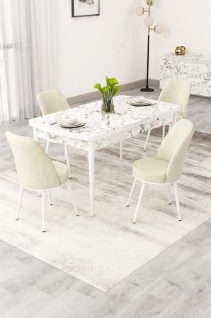 Rax Serisi Açılabilir 80x132 Beyaz Mermer Desen Yemek Odası Takımı 4 Siyah Babyface Sandalye