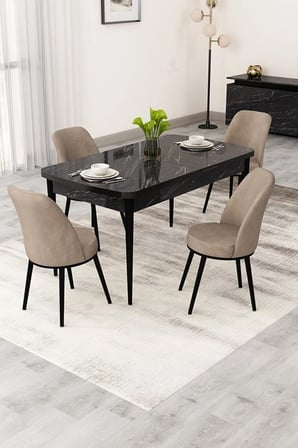 Rax Serisi Açılabilir 80x132 Siyah Mermer Desen Yemek Odası Takımı 4 Cappucino Babyface Sandalye