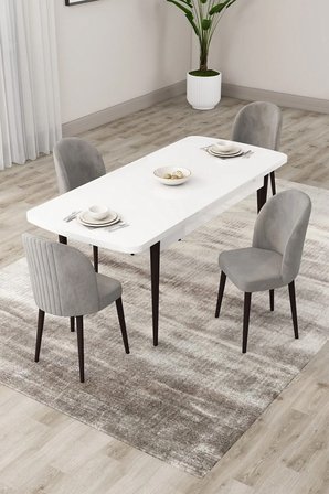 Roe Serisi Açılabilir 80x132 Beyaz Masa Kahverengi Ayak Masa Takımı Ve 4 Cappucino Sandalye