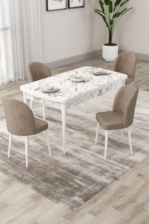Roe Serisi Açılabilir 80x132 Beyaz Mermer Desen Masa Takımı Ve 4 Cappucino Sandalye