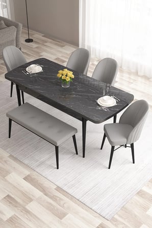 Roz Serisi 80x132 Mdf Siyah Mermer Desen Masa Takımı 4 Gri Sandalye Ve 1 Bench