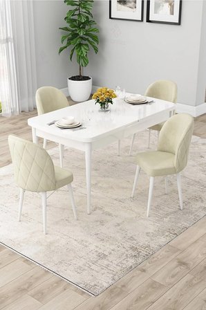 Rut Serisi Açılabilir 80x132 Beyaz Yemek Odası Takımı Ve 6 Krem Sandalye