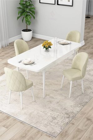 Rut Serisi Açılabilir 80x132 Beyaz Yemek Odası Takımı Ve 6 Krem Sandalye