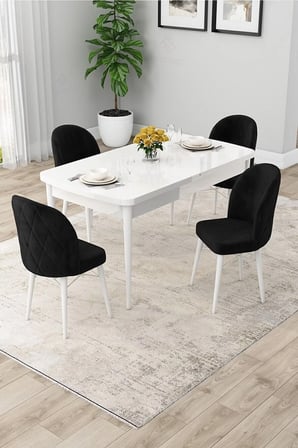 Rut Serisi Açılabilir 80x132 Beyaz Masa Ceviz Ayak Yemek Odası Takımı Ve 4 Siyah Sandalye