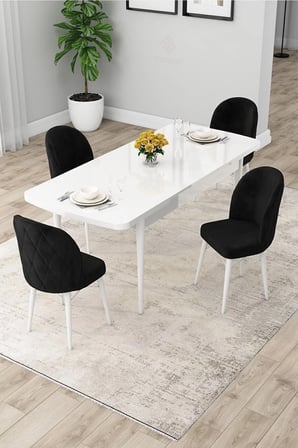 Rut Serisi Açılabilir 80x132 Beyaz Masa Ceviz Ayak Yemek Odası Takımı Ve 4 Siyah Sandalye