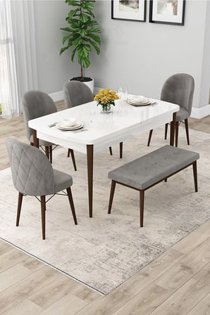 Rut Serisi Açılabilir 80x132 Beyaz Masa Kahverengi Ayak Masa Takımı 4 Gri Sandalye ve 1 Bench
