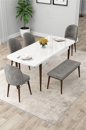 Rut Serisi Açılabilir 80x132 Beyaz Masa Kahverengi Ayak Masa Takımı 4 Gri Sandalye ve 1 Bench