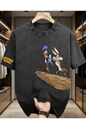 Road Runner Baskılı Unisex Yıkamalı Vintage Oversize T-Shirt