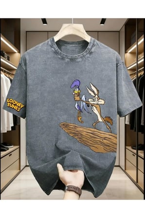 Road Runner Baskılı Unisex Yıkamalı Vintage Oversize T-Shirt