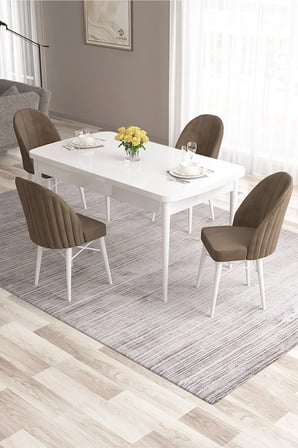 Ves Serisi 80x132 Mdf Beyaz Mutfak Masa Takımı 4 Kahve Sandalye