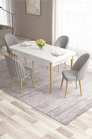 Ves Serisi 80x132 Açılabilir Mdf Mutfak Masası Takımı Beyaz Ahşap Ayak Masa 4 Gri Sandalye