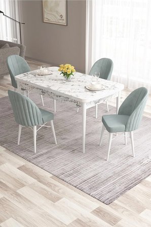 Ves Serisi 80x132 Mdf Beyaz Mermer Desen Masa 4 Su Yeşili Sandalye Mutfak Masası Takımı