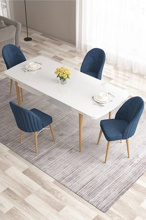 Ves Serisi 80x132 Mdf Beyaz Mutfak Masa Takımı Beyaz Kafesli 4 Lacivert Sandalye Doğal Ahşap Ayaklı