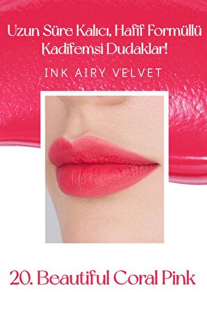 Uzun Süre Kalıcı Hafif Formüllü Kadife Bitişli TintPeripera Ink Airy Velvet(20 Beautiful Coral Pink)