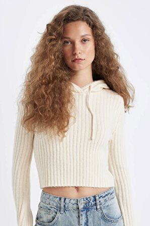 DeFacto Regular Fit Basic Düz Kapüşonlu Crop Triko Kazak C7333AX24WNER103