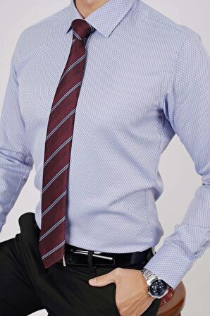 Gömlek Kravat Seti (Bordo Çizgili Kravat & Beyaz Armür Desenli Slimfit Gömlek)