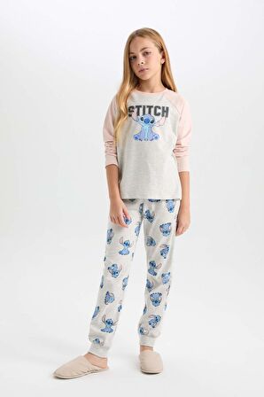 DeFacto Kız Çocuk Pijama Takımı Disney Lilo & Stitch Bisiklet Yaka Üst Uzun Alt D3747A824AUGR379