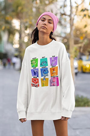 Ters Yüz Insiide Out Baskılı Unisex Oversize Çizgi Film Sweatshirt