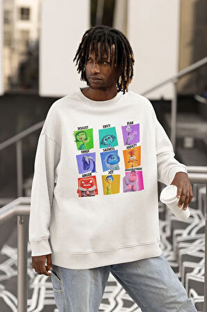 Ters Yüz Insiide Out Baskılı Unisex Oversize Çizgi Film Sweatshirt