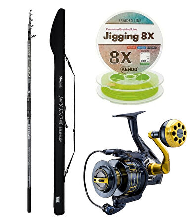 YekOutdoor Profesyonel Olta Seti Okuma Flite Tele Surf 420cm 100-200gr 5 Parça Olta Kamışı&Okuma Salina SA-8000A Blue 6+1BB Olta Makinesi