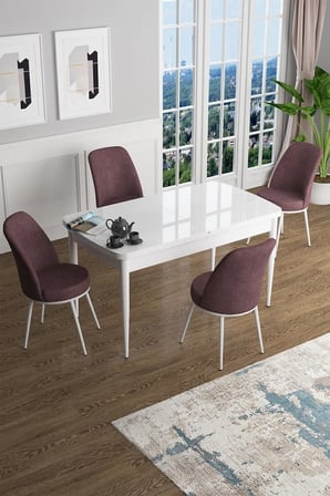 Han Serisi 70x114 Açılabilir Mdf Mutfak Masası Takımı Beyaz Masa 4 Gül Kurusu Sandalye
