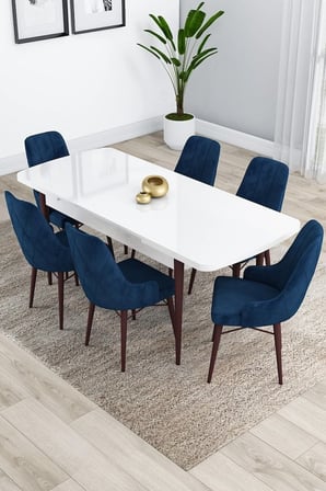 Kar Serisi 80x132 Açılabilir Mdf Beyaz Ceviz Ayaklı 6 Lacivert Sandalye Sandalye Masa Takımı