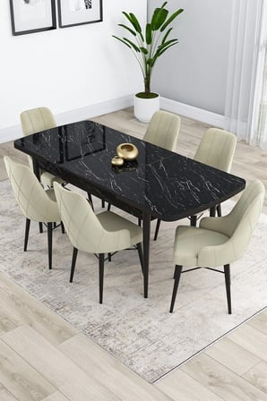 Kar Serisi Siyah Mermer Desen Masa 80x132 Açılabilir Mdf Mutfak Masa Takımı 6 Krem Sandalye