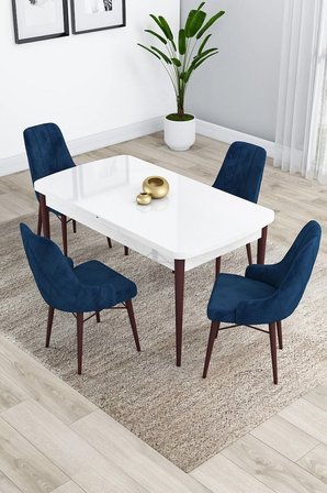 Kar Serisi 80x132 Açılabilir Mdf Beyaz Masa Ceviz Ayaklı 4 Lacivert Sandalye Mutfak Masası Takımı