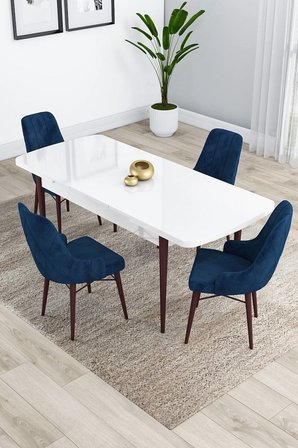 Kar Serisi 80x132 Açılabilir Mdf Beyaz Masa Ceviz Ayaklı 4 Lacivert Sandalye Mutfak Masası Takımı