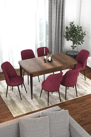 Kor Serisi 70x114 Açılabilir Mutfak Masası Takımı Barok Desen Masa 6 Bordo Sandalye