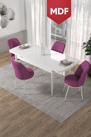 Kor Serisi 70x114 Açılabilir MDF Mutfak Masası Takımı Beyaz Masa 4 Mor Sandalye