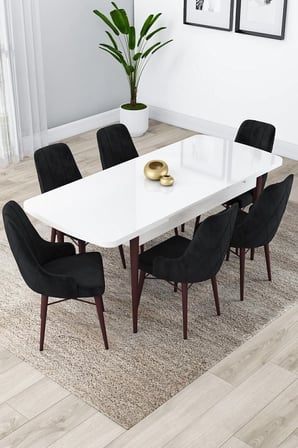 Lia Serisi 80x132 Açılabilir Mutfak Masası Takımı Beyaz Ceviz Masa 6 Kahverengi Sandalye