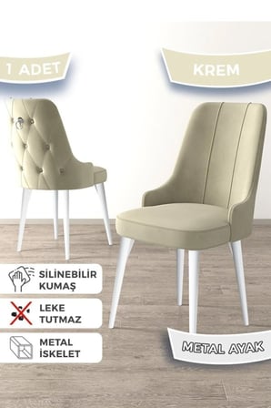 Newa Serisi, 1.sınıf Babyface Kumaş Beyaz Metal Ayaklı Gümüş Halkalı, 4 Adet Krem Sandalye