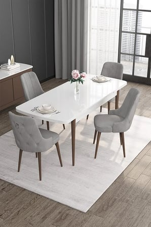 Noa Serisi 80x132 Mdf Açılabilir Beyaz Masa Ceviz Ayak Masa Takımı 4 Gri Sandalye