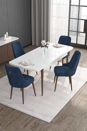 Noa Serisi 80x132 Mdf Açılabilir Beyaz Masa Ceviz Ayak Masa Takımı 4 Lacivert Sandalye