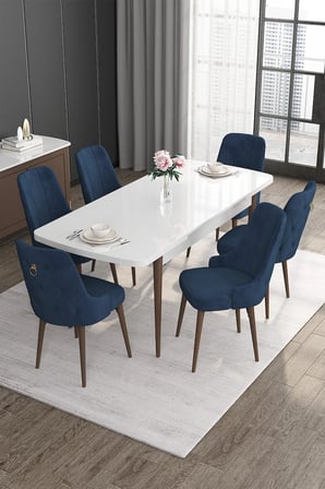 Noa Serisi 80x132 Mdf Açılabilir Beyaz Masa Ceviz Ayak Masa Takımı Ve 6 Lacivert Sandalye