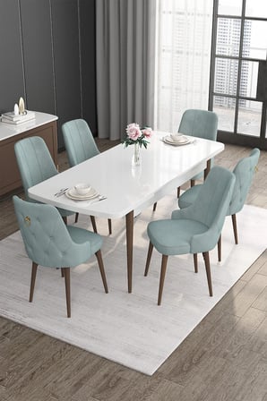 Noa Serisi 80x132 Mdf Açılabilir Beyaz Masa Ceviz Ayak Masa Takımı Ve 6 Su Yeşili Sandalye