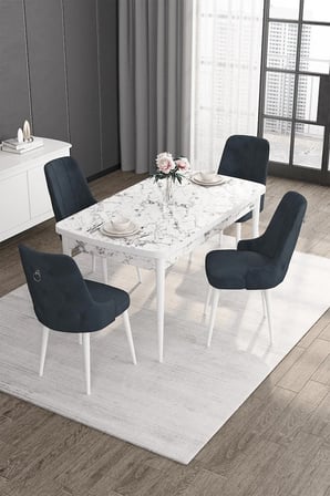 Noa Serisi Beyaz Mermer 80x132 Açılabilir Masa Takımı 4 Antrasit Sandalye Gümüş Halkalı
