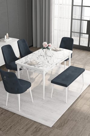 Noa Serisi 80x132 Açılabilir MDF Beyaz Mermer Desen Masa Takımı 4 Antrasit Sandalye ve 1 Bench