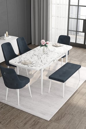 Noa Serisi 80x132 Açılabilir MDF Beyaz Mermer Desen Masa Takımı 4 Antrasit Sandalye ve 1 Bench